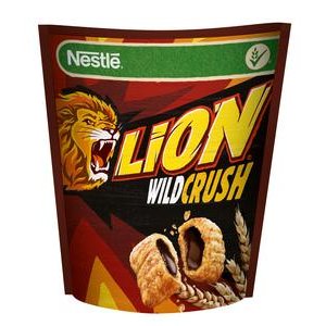 Cereálie Lion Wild Crush 350 g - cereálne vankúšiky s karamelo-čokoládovou náplň.